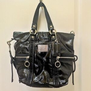 Coach Poppy Black Crinkled Patent Leather Tote Bag/ Shoulder Bag/ Handbag